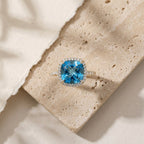 Cushion Cut Blue Topaz Halo Engagement Ring, Moissanite Accents, Statement Bridal Jewelry