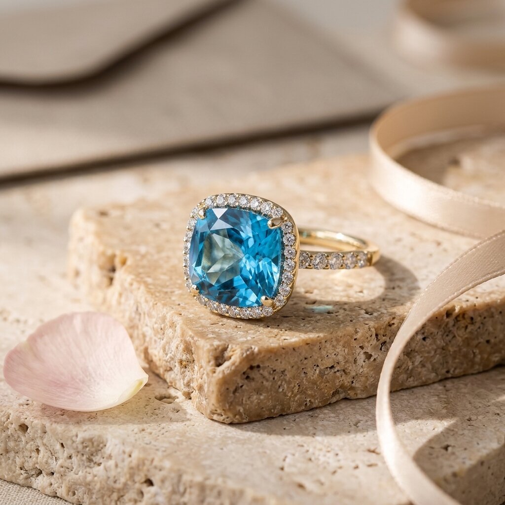 Cushion Cut Blue Topaz Halo Engagement Ring, Moissanite Accents, Statement Bridal Jewelry
