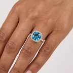Cushion Cut Blue Topaz Halo Engagement Ring, Moissanite Accents, Statement Bridal Jewelry