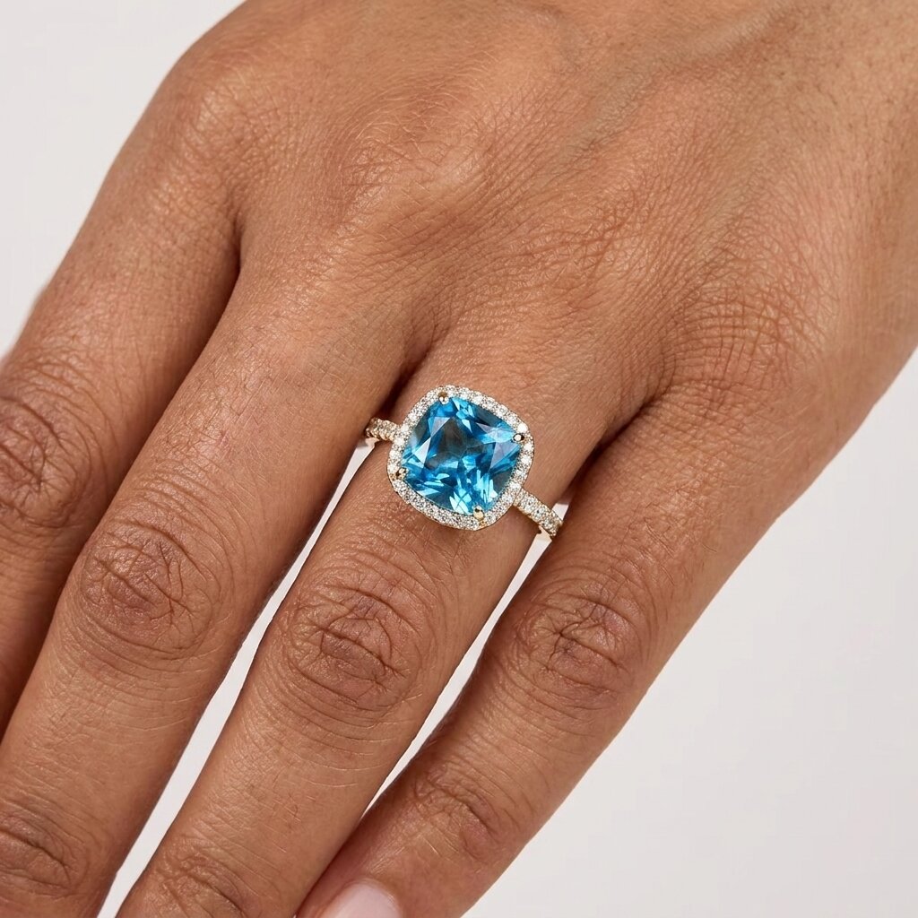 Cushion Cut Blue Topaz Halo Engagement Ring, Moissanite Accents, Statement Bridal Jewelry