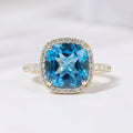 Cushion Cut Blue Topaz Halo Engagement Ring, Moissanite Accents, Statement Bridal Jewelry
