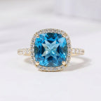 Cushion Cut Blue Topaz Halo Engagement Ring, Moissanite Accents, Statement Bridal Jewelry