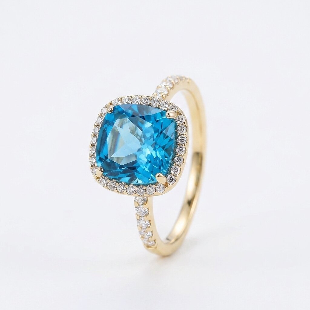 Cushion Cut Blue Topaz Halo Engagement Ring, Moissanite Accents, Statement Bridal Jewelry