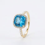 Cushion Cut Blue Topaz Halo Engagement Ring, Moissanite Accents, Statement Bridal Jewelry