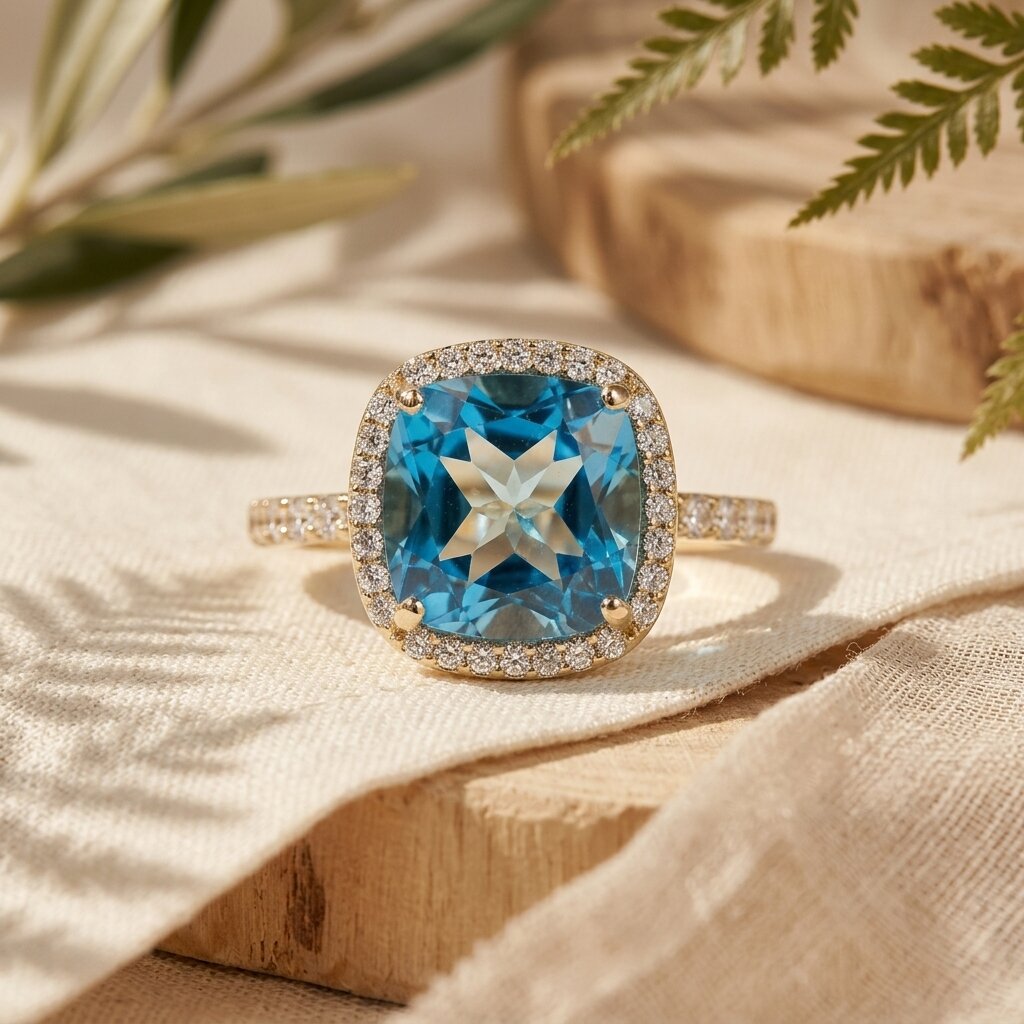 Cushion Cut Blue Topaz Halo Engagement Ring, Moissanite Accents, Statement Bridal Jewelry