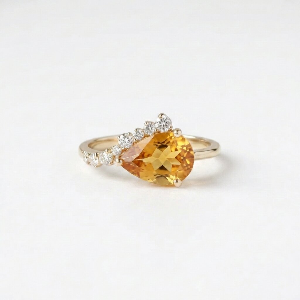 Pear Shaped Citrine Ring, Gold Citrine Engagement Ring, Diamond Accent Ring, Yellow Gemstone Promise Ring