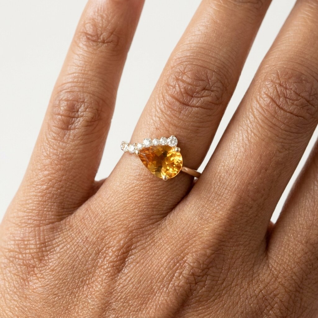 Pear Shaped Citrine Ring, Gold Citrine Engagement Ring, Diamond Accent Ring, Yellow Gemstone Promise Ring