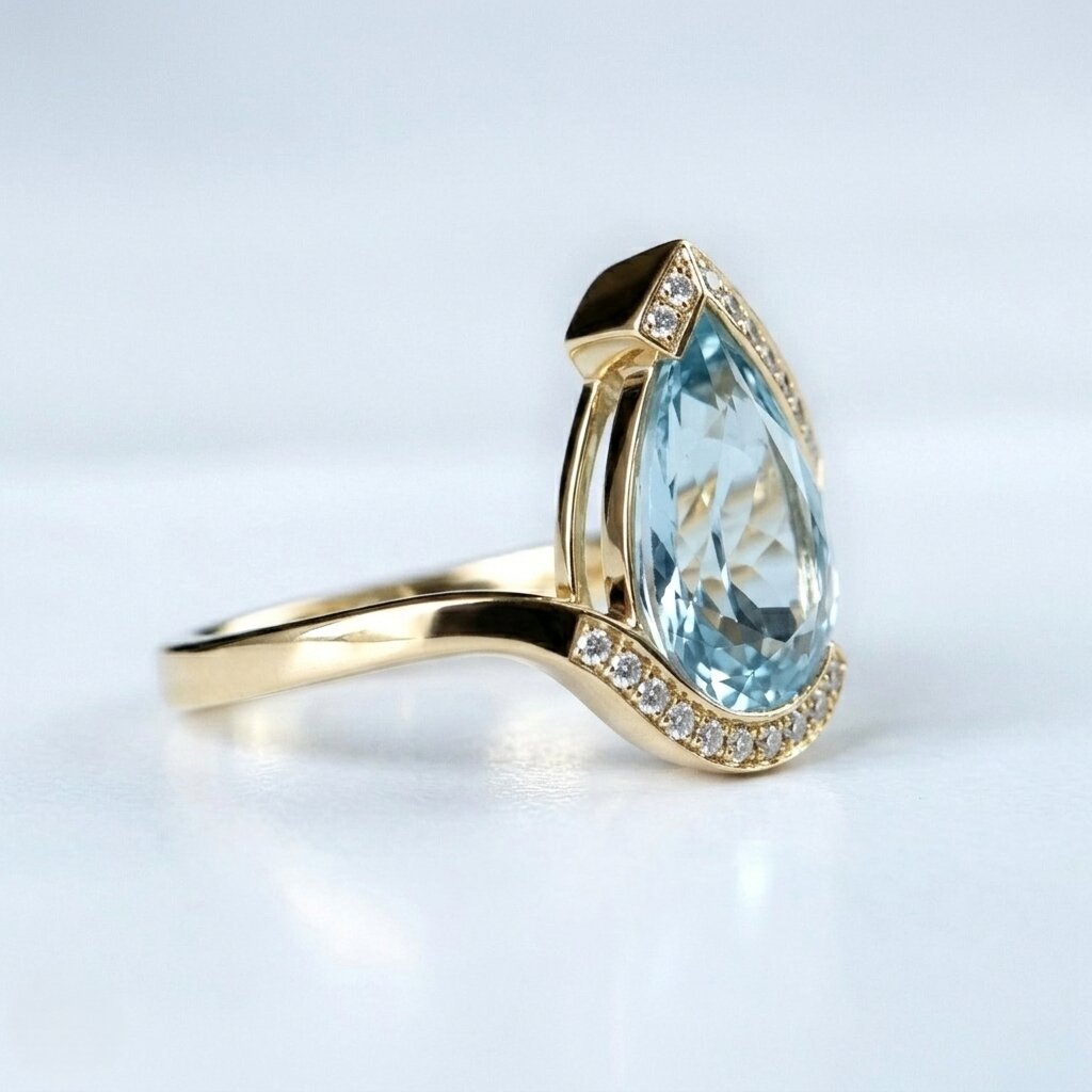 14k Gold Pear Aquamarine Engagement Ring, Bypass Halo Wedding Band, March Birthstone Jewelry