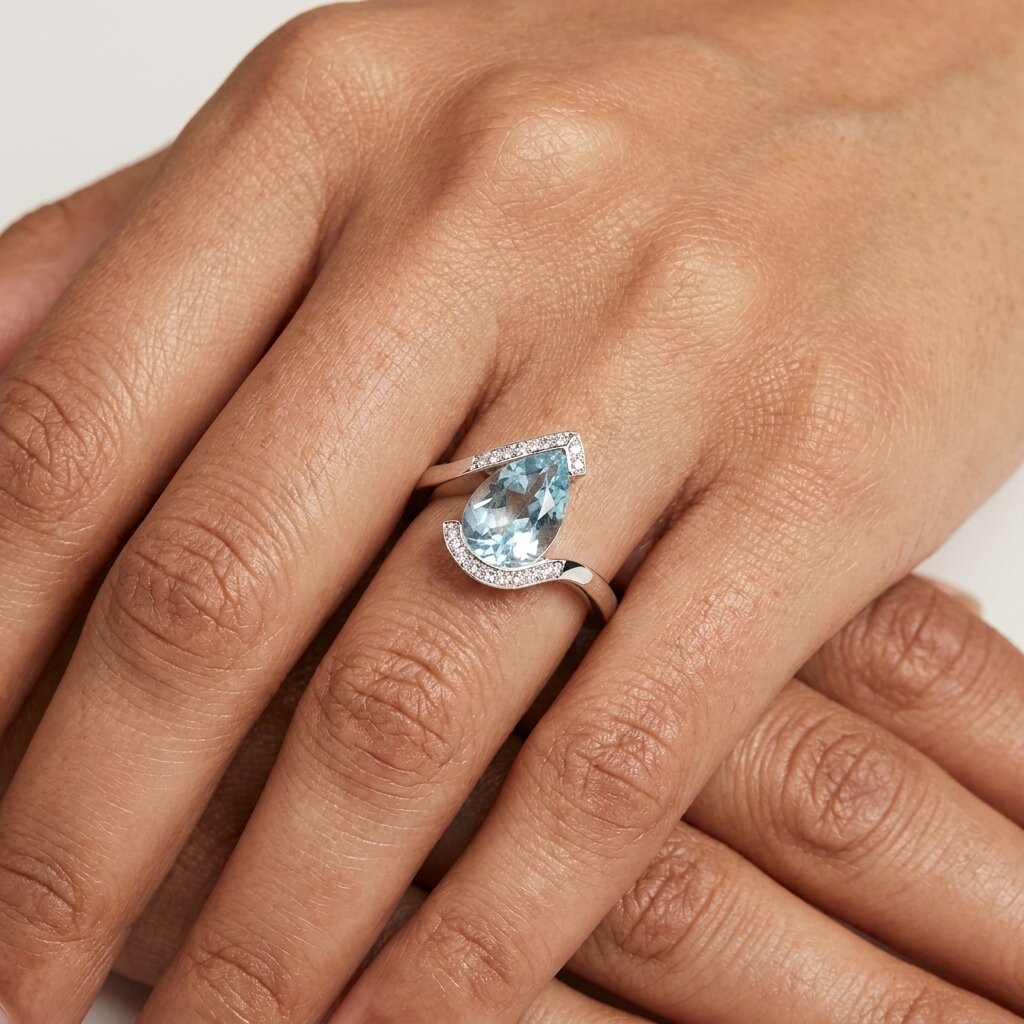 14k Gold Pear Aquamarine Engagement Ring, Bypass Halo Wedding Band, March Birthstone Jewelry