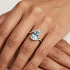 14k Gold Pear Aquamarine Engagement Ring, Bypass Halo Wedding Band, March Birthstone Jewelry