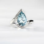 14k Gold Pear Aquamarine Engagement Ring, Bypass Halo Wedding Band, March Birthstone Jewelry