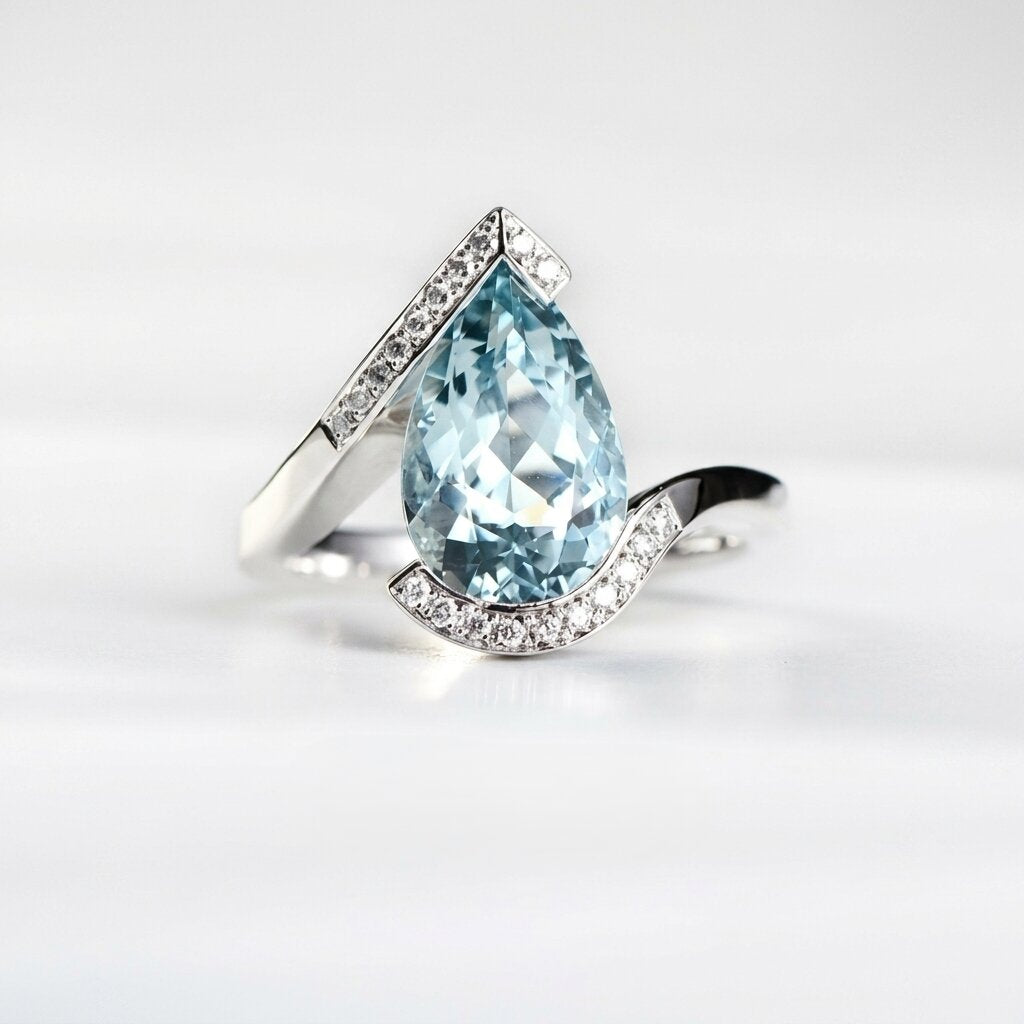 14k Gold Pear Aquamarine Engagement Ring, Bypass Halo Wedding Band, March Birthstone Jewelry