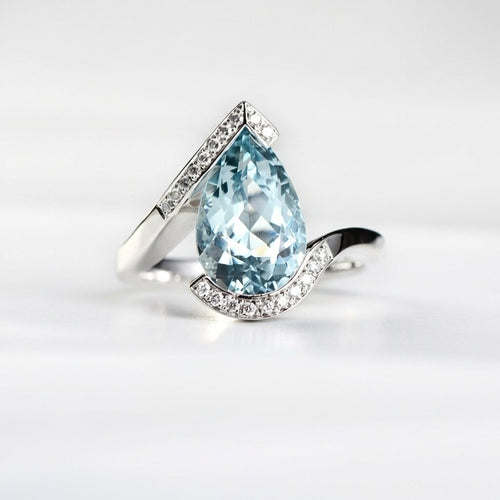 14k Gold Pear Aquamarine Engagement Ring, Bypass Halo Wedding Band, March Birthstone Jewelry