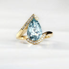 14k Gold Pear Aquamarine Engagement Ring, Bypass Halo Wedding Band, March Birthstone Jewelry