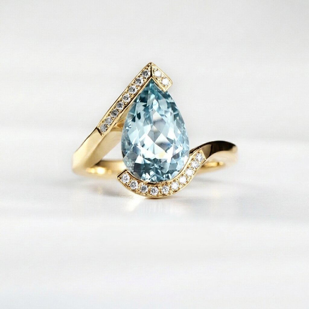 14k Gold Pear Aquamarine Engagement Ring, Bypass Halo Wedding Band, March Birthstone Jewelry