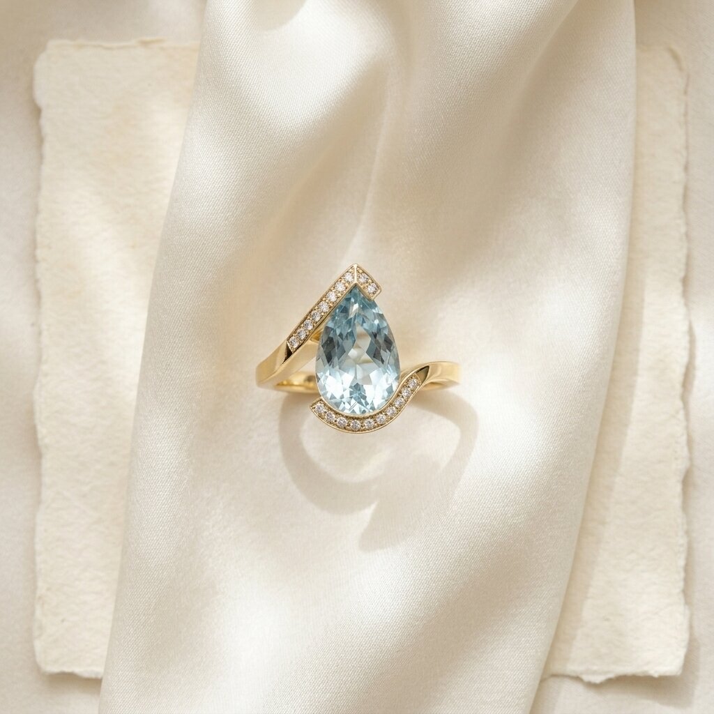 14k Gold Pear Aquamarine Engagement Ring, Bypass Halo Wedding Band, March Birthstone Jewelry