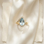 14k Gold Pear Aquamarine Engagement Ring, Bypass Halo Wedding Band, March Birthstone Jewelry