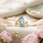 14k Gold Pear Aquamarine Engagement Ring, Bypass Halo Wedding Band, March Birthstone Jewelry