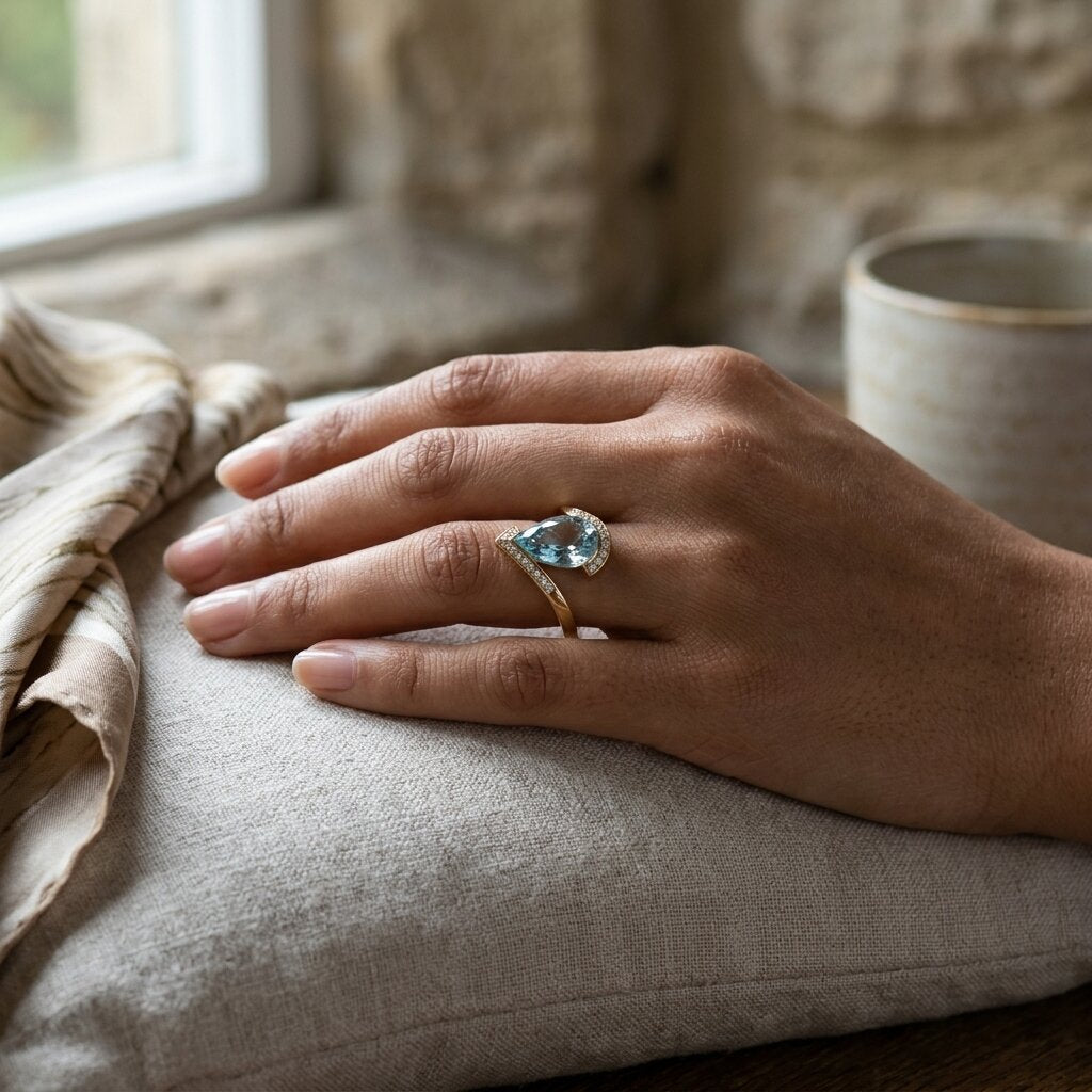 14k Gold Pear Aquamarine Engagement Ring, Bypass Halo Wedding Band, March Birthstone Jewelry