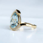 14k Gold Pear Aquamarine Engagement Ring, Bypass Halo Wedding Band, March Birthstone Jewelry