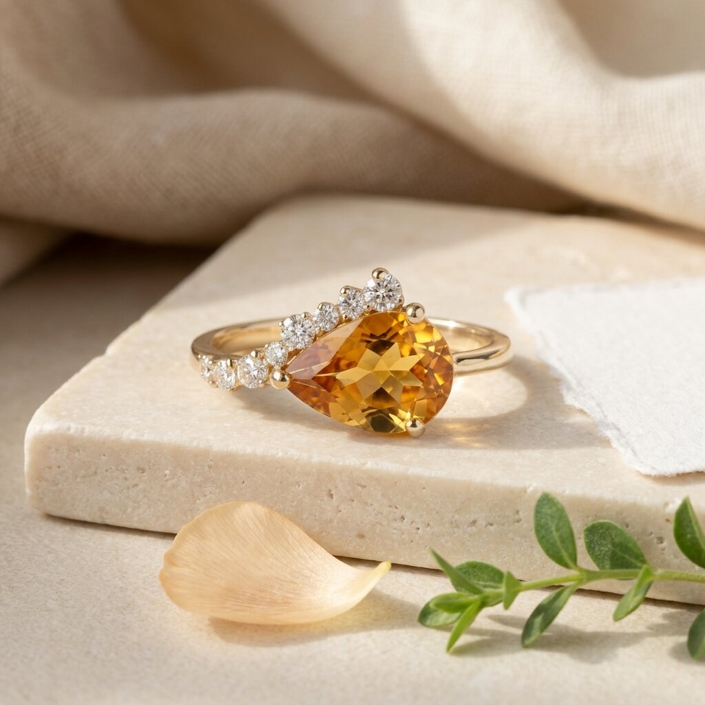 Pear Shaped Citrine Ring, Gold Citrine Engagement Ring, Diamond Accent Ring, Yellow Gemstone Promise Ring