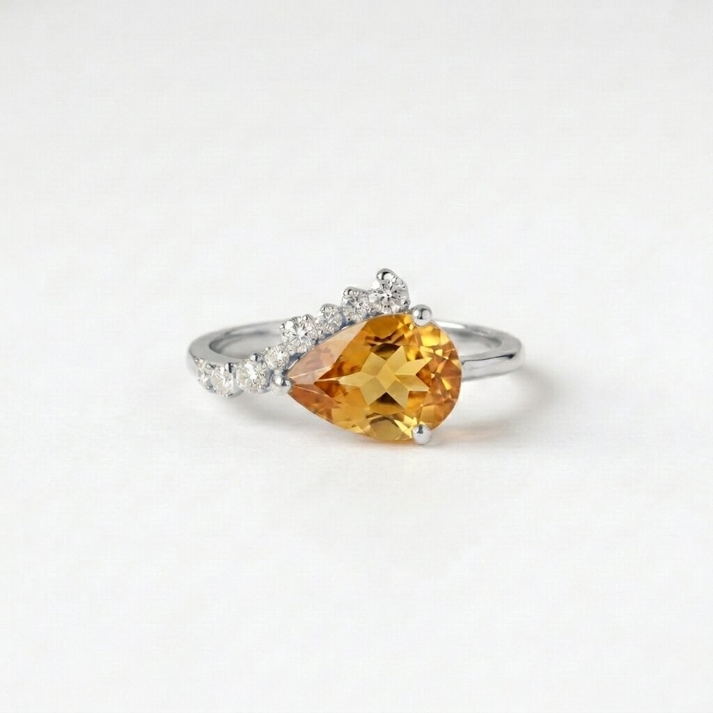 Pear Shaped Citrine Ring, Gold Citrine Engagement Ring, Diamond Accent Ring, Yellow Gemstone Promise Ring