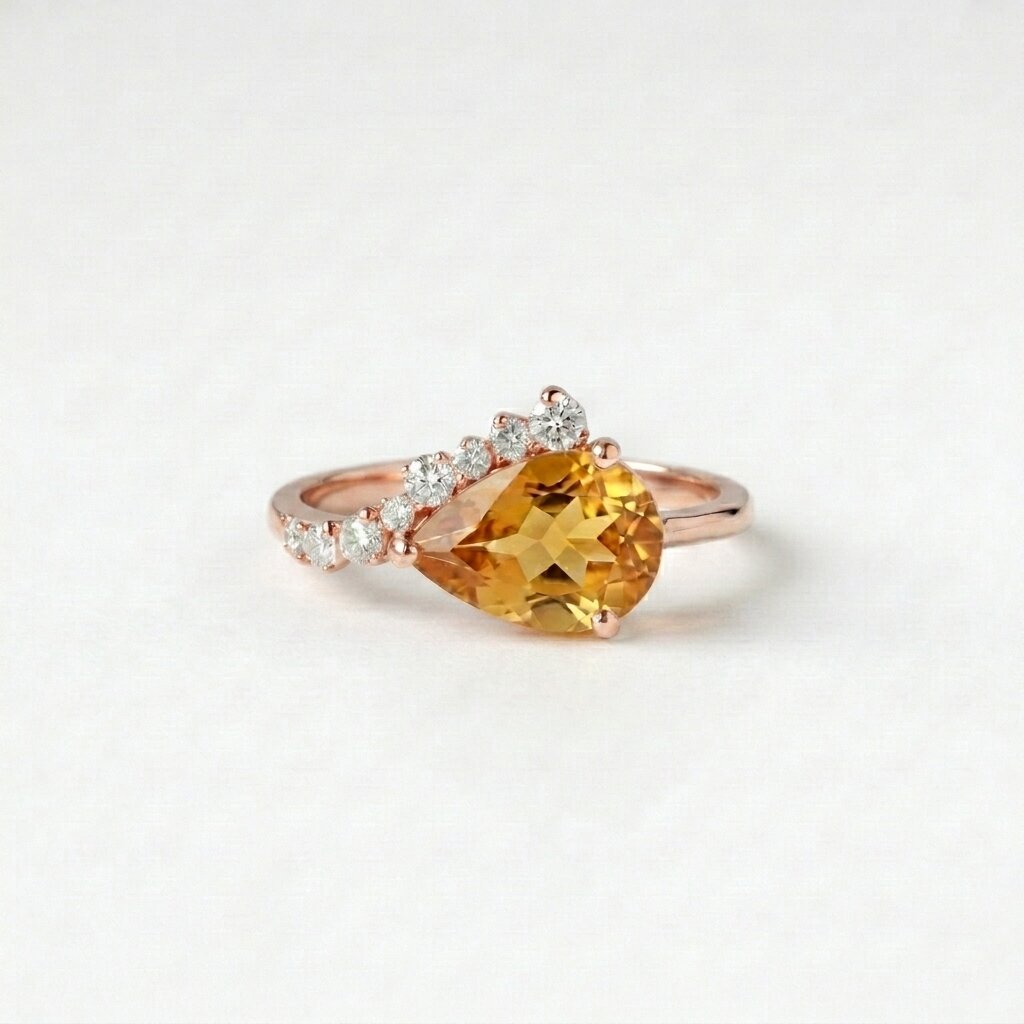 Pear Shaped Citrine Ring, Gold Citrine Engagement Ring, Diamond Accent Ring, Yellow Gemstone Promise Ring