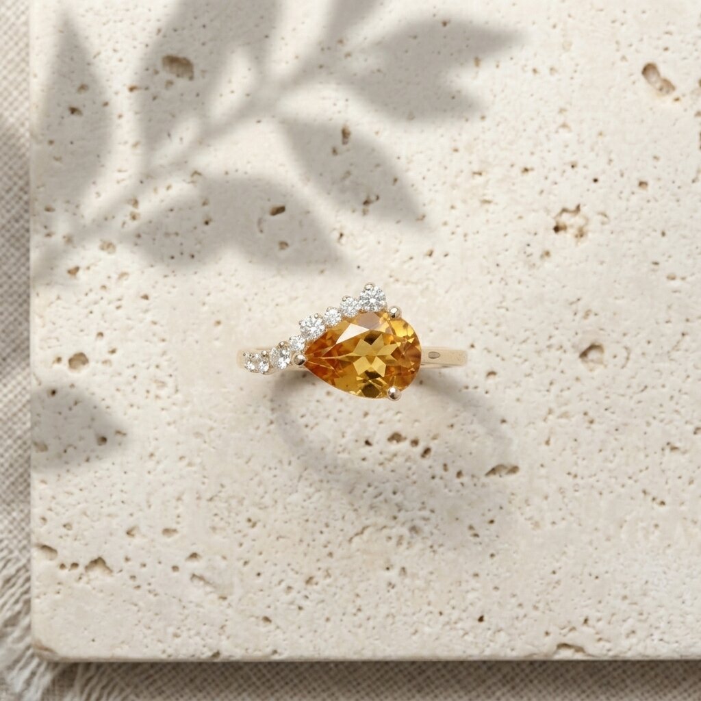 Pear Shaped Citrine Ring, Gold Citrine Engagement Ring, Diamond Accent Ring, Yellow Gemstone Promise Ring