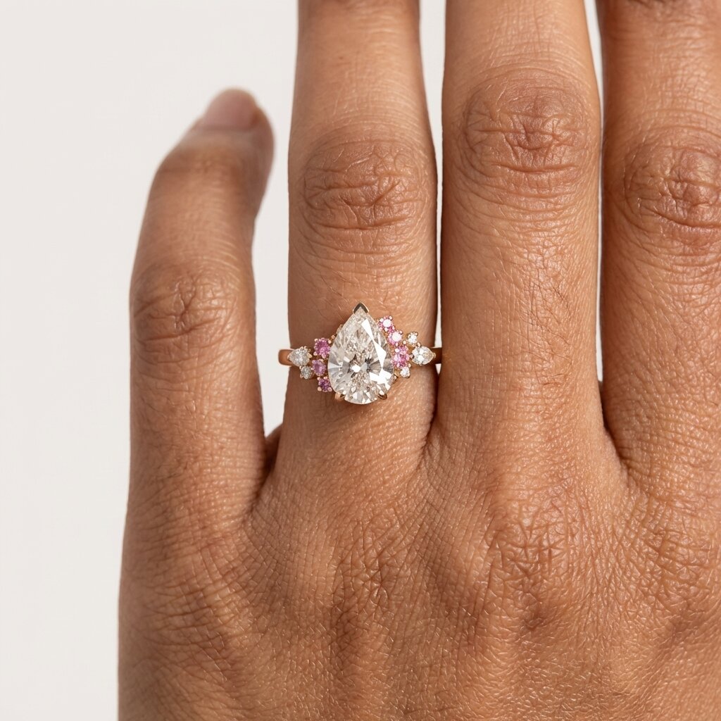 Pear Moissanite Engagement Ring, Pink Sapphire Cluster, Rose Gold Vintage Halo