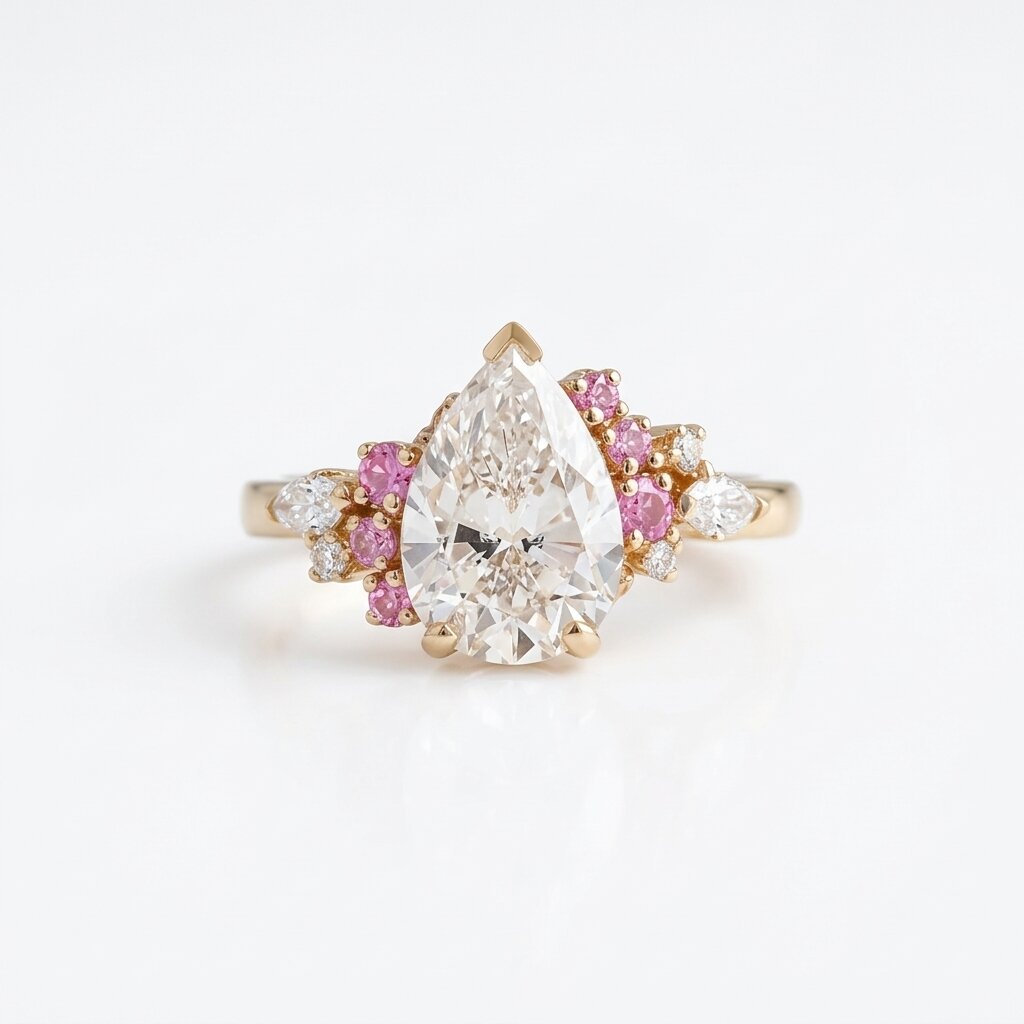 Pear Moissanite Engagement Ring, Pink Sapphire Cluster, Rose Gold Vintage Halo