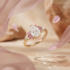 Pear Moissanite Engagement Ring, Pink Sapphire Cluster, Rose Gold Vintage Halo