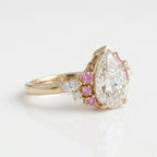 Pear Moissanite Engagement Ring, Pink Sapphire Cluster, Rose Gold Vintage Halo