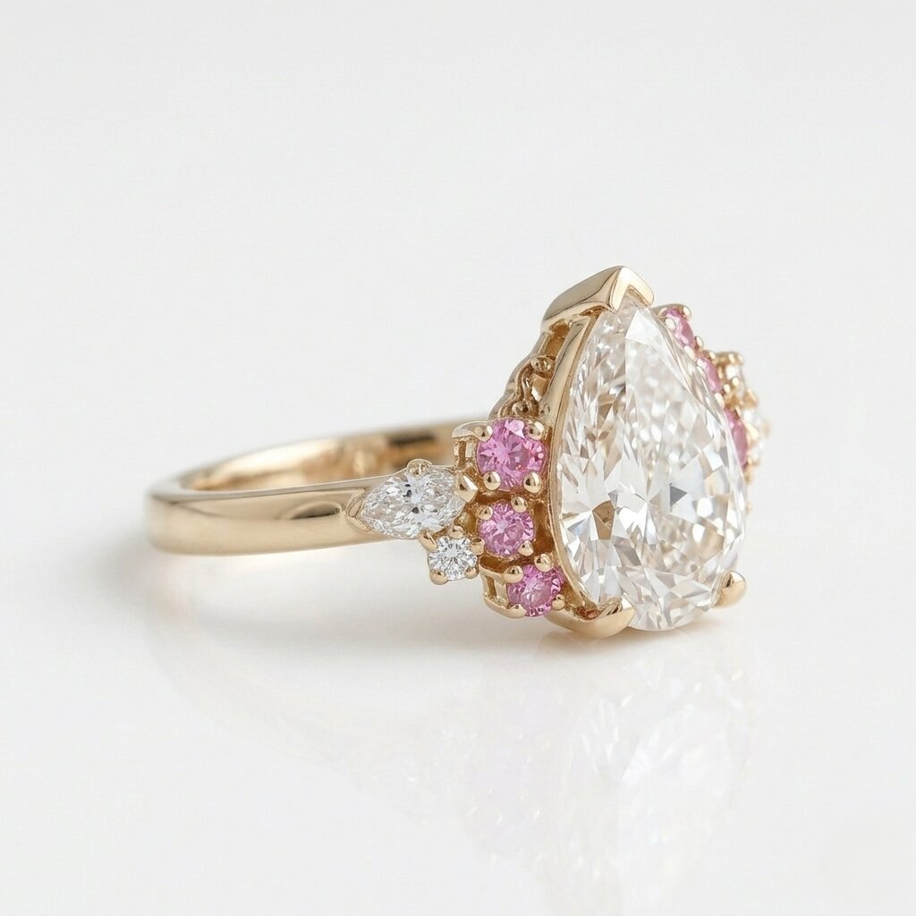 Pear Moissanite Engagement Ring, Pink Sapphire Cluster, Rose Gold Vintage Halo