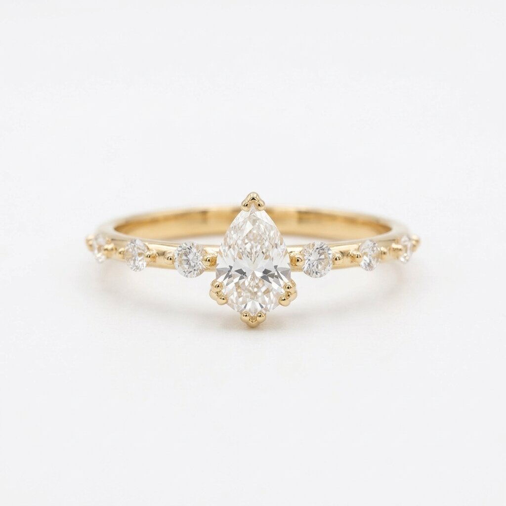 Pear Cut Moissanite Engagement Ring, Solid Gold Delicate Band, Minimalist Bridal Jewelry