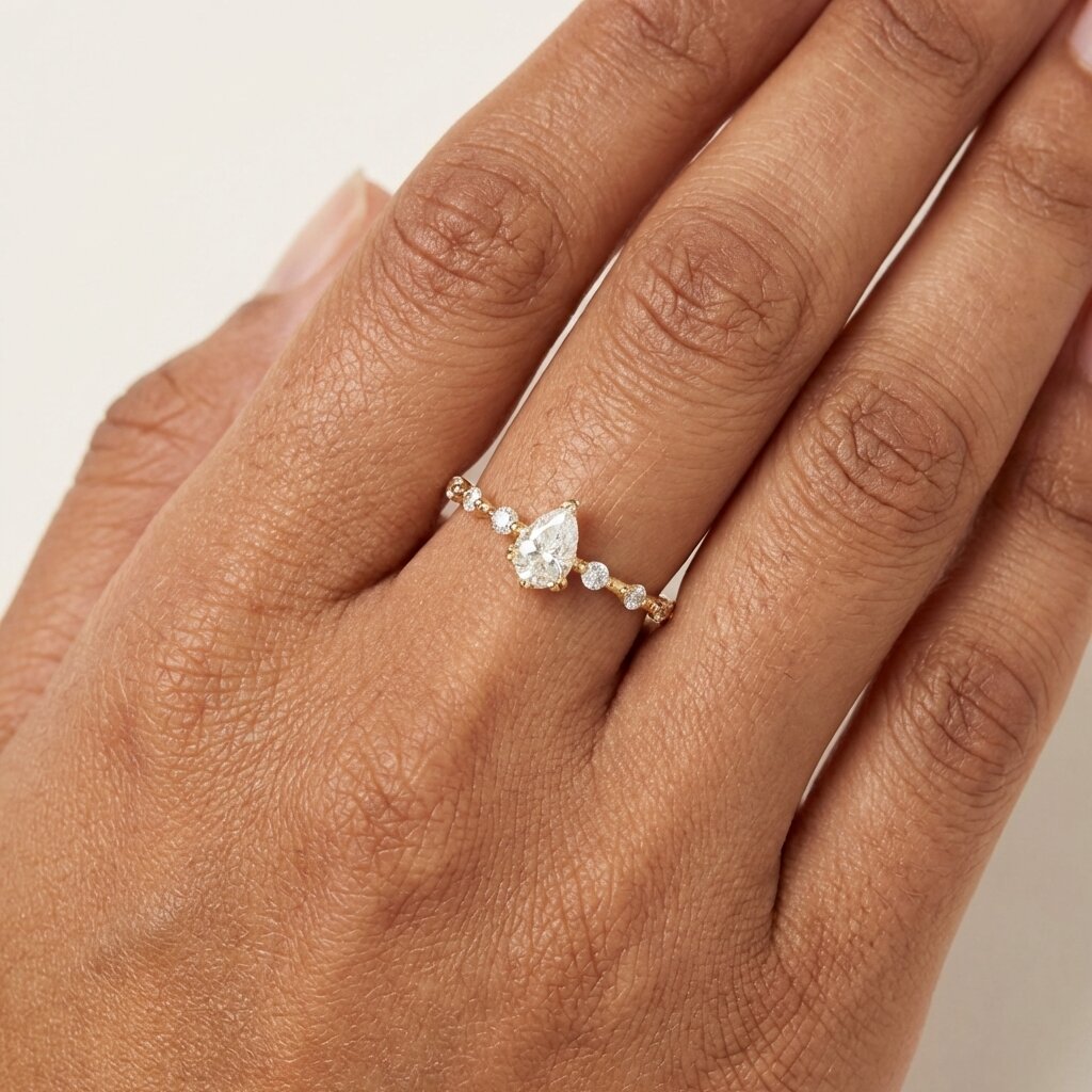 Pear Cut Moissanite Engagement Ring, Solid Gold Delicate Band, Minimalist Bridal Jewelry