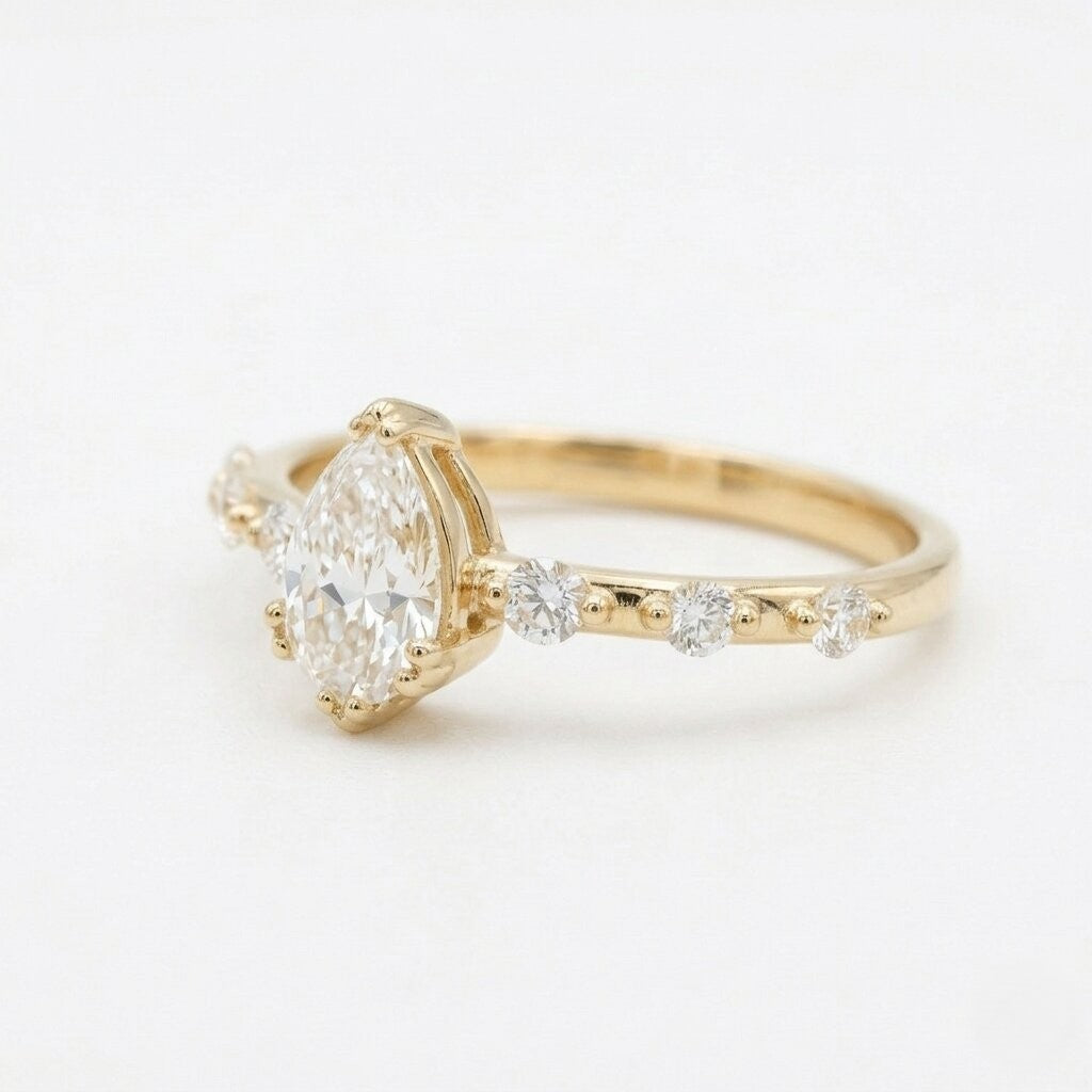 Pear Cut Moissanite Engagement Ring, Solid Gold Delicate Band, Minimalist Bridal Jewelry