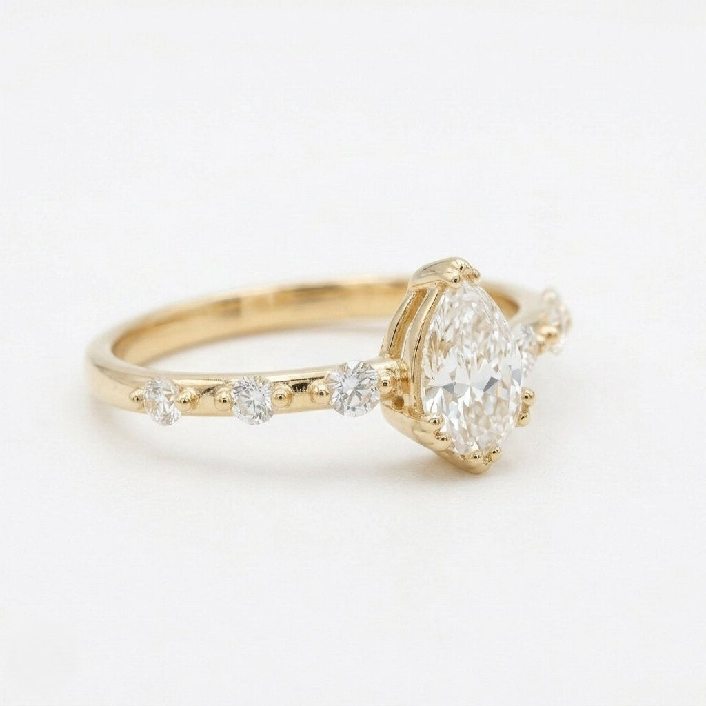 Pear Cut Moissanite Engagement Ring, Solid Gold Delicate Band, Minimalist Bridal Jewelry