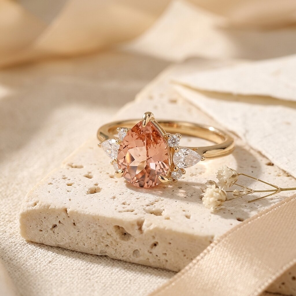 Pear Cut Peach Morganite Engagement Ring, 14k Solid Gold Bridal Ring, Moissanite Cluster Ring, morganite Jewelry Anniversary Gift For Her The Jewel Temple