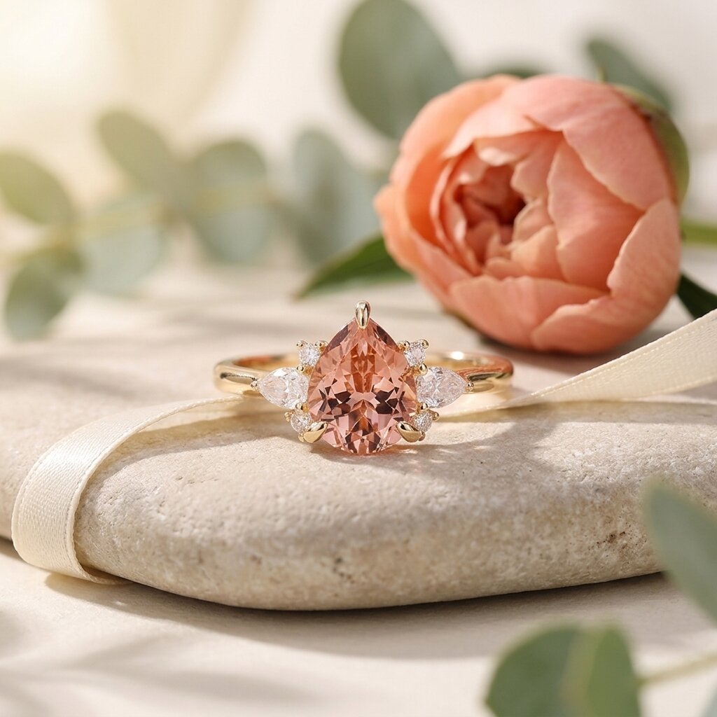 Pear Cut Peach Morganite Engagement Ring, 14k Solid Gold Bridal Ring, Moissanite Cluster Ring, morganite Jewelry Anniversary Gift For Her The Jewel Temple