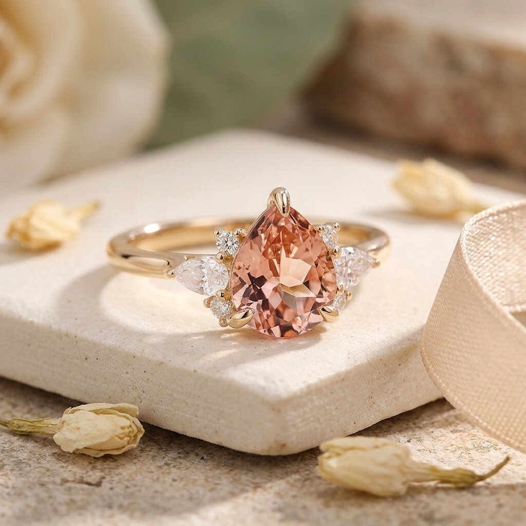Pear Cut Peach Morganite Engagement Ring, 14k Solid Gold Bridal Ring, Moissanite Cluster Ring, morganite Jewelry Anniversary Gift For Her The Jewel Temple