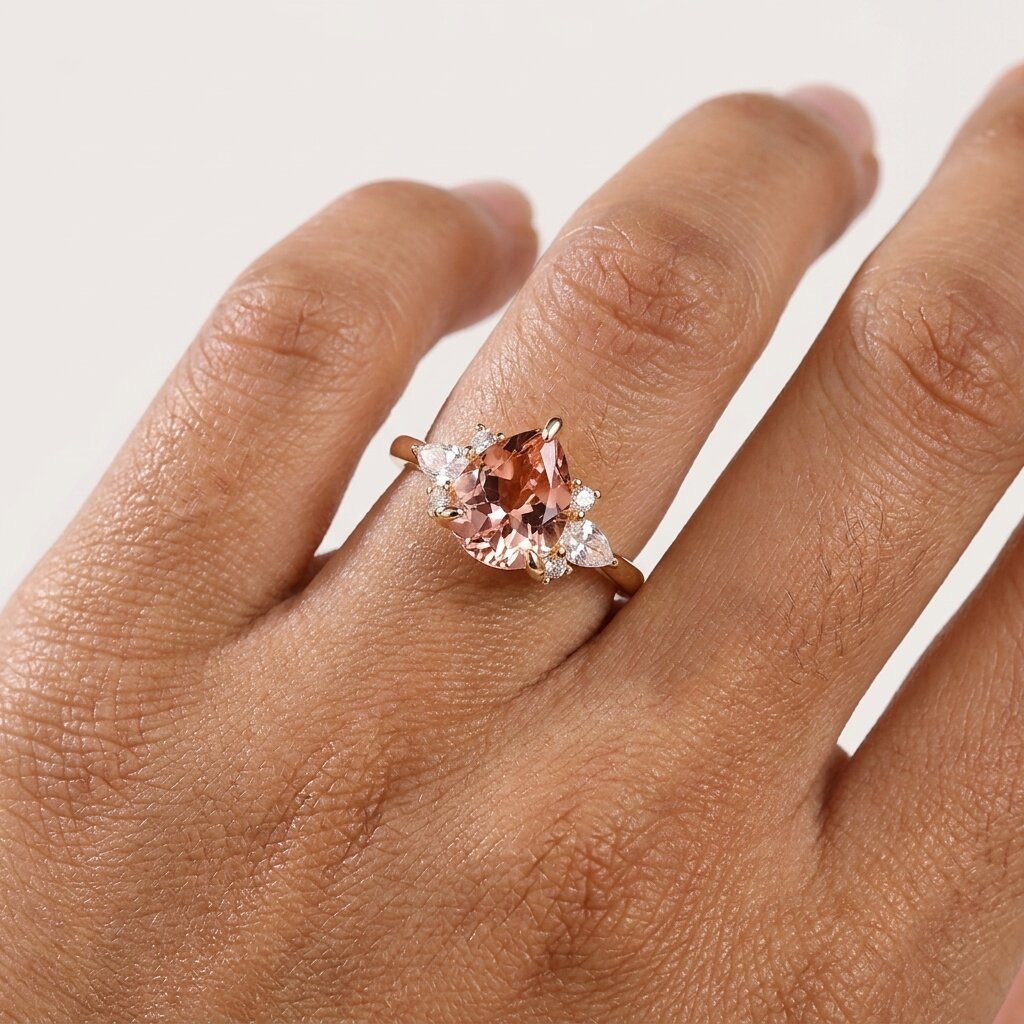 Pear Cut Peach Morganite Engagement Ring, 14k Solid Gold Bridal Ring, Moissanite Cluster Ring, morganite Jewelry Anniversary Gift For Her The Jewel Temple