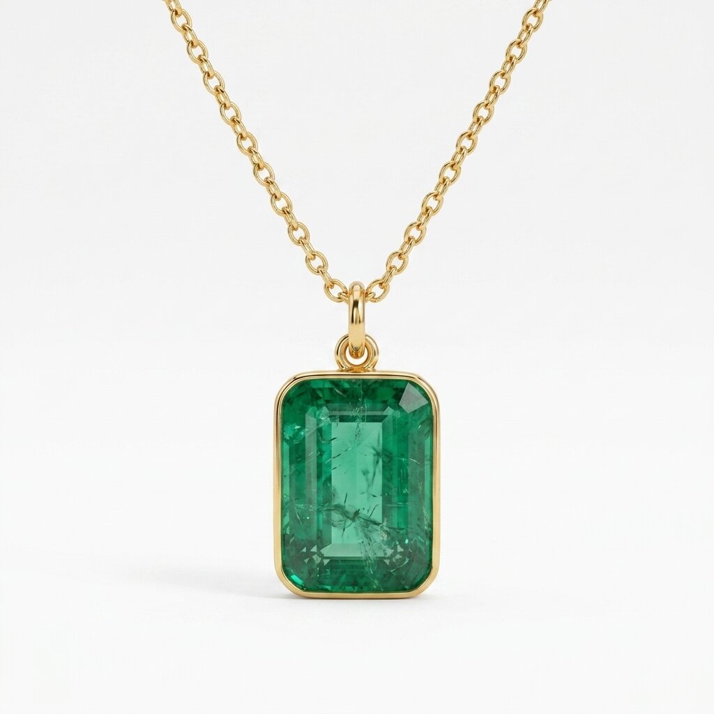 Natural Emerald Cut Pendant Necklace, Bezel Set Solitaire Jewelry, May Birthstone Charm