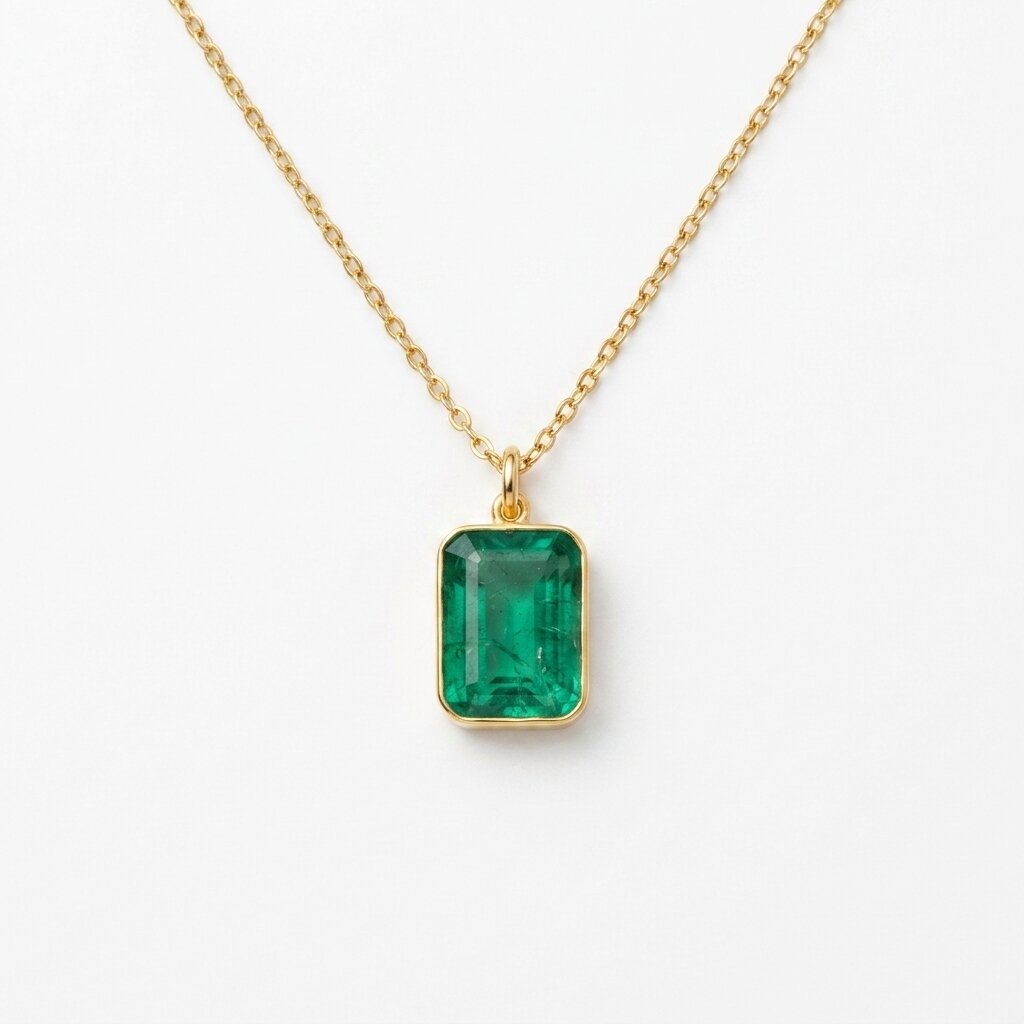 Natural Emerald Cut Pendant Necklace, Bezel Set Solitaire Jewelry, May Birthstone Charm