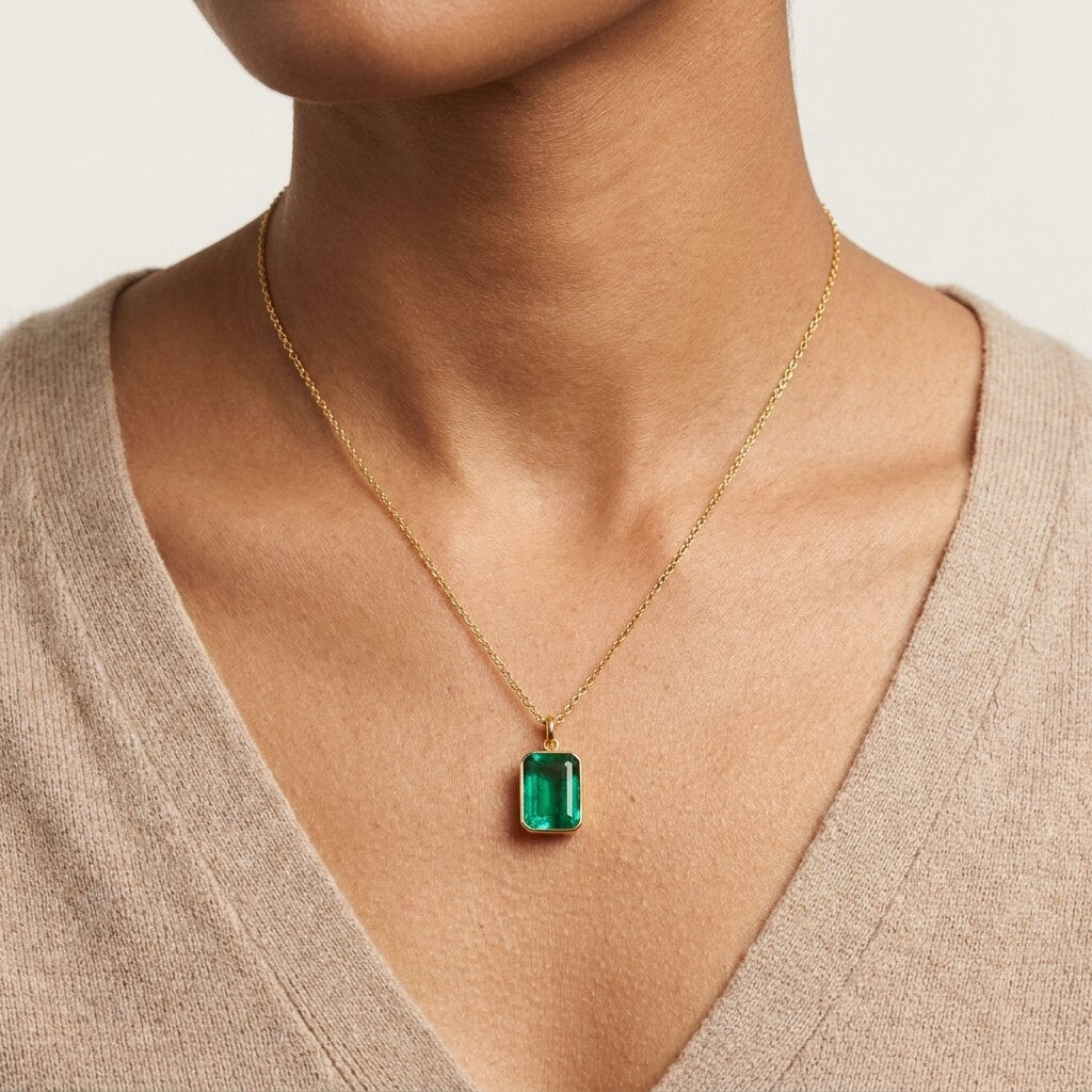 Natural Emerald Cut Pendant Necklace, Bezel Set Solitaire Jewelry, May Birthstone Charm
