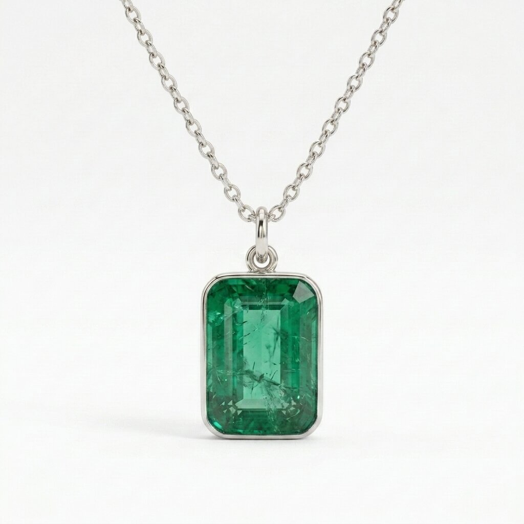 Natural Emerald Cut Pendant Necklace, Bezel Set Solitaire Jewelry, May Birthstone Charm
