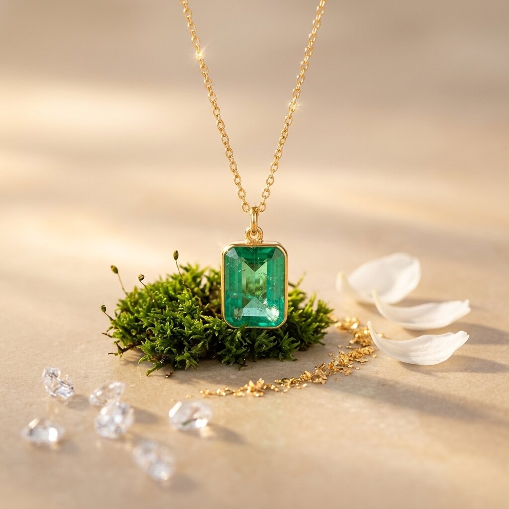Natural Emerald Cut Pendant Necklace, Bezel Set Solitaire Jewelry, May Birthstone Charm