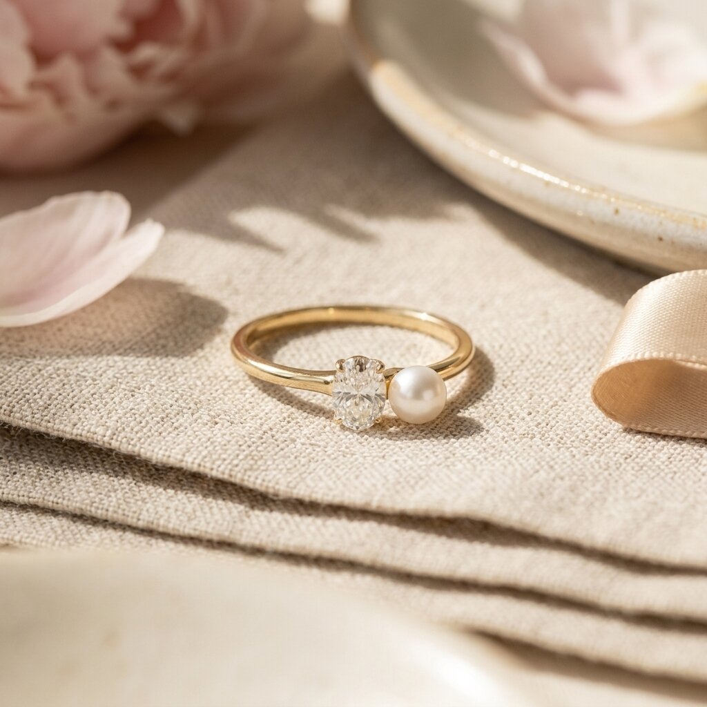 Moissanite & Pearl Engagement Ring, Oval Moissanite Ring, 14K Gold Minimalist Promise Ring, Modern Bridal Jewelry, June Birthstone