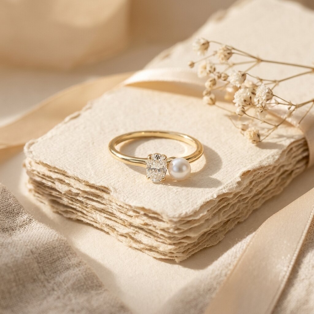 Moissanite & Pearl Engagement Ring, Oval Moissanite Ring, 14K Gold Minimalist Promise Ring, Modern Bridal Jewelry, June Birthstone