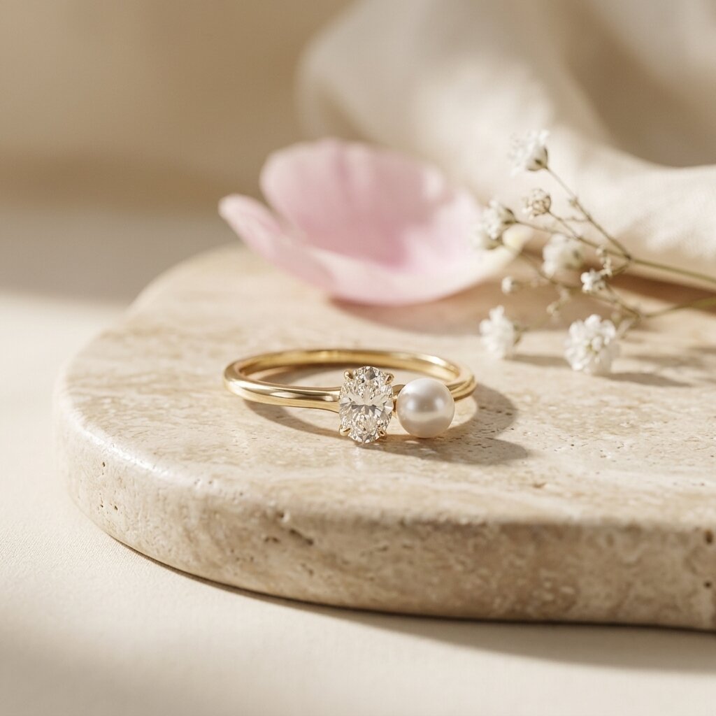 Moissanite & Pearl Engagement Ring, Oval Moissanite Ring, 14K Gold Minimalist Promise Ring, Modern Bridal Jewelry, June Birthstone