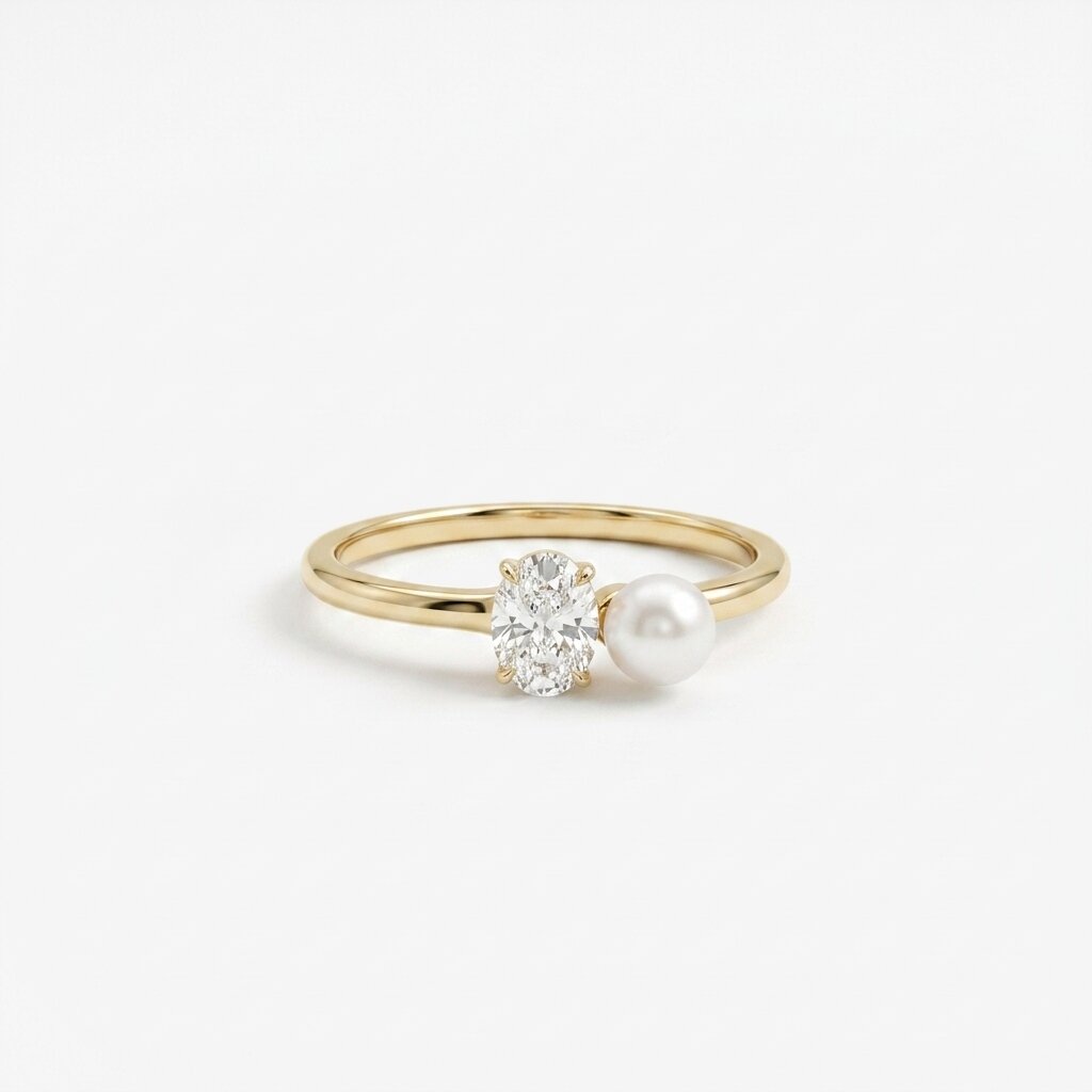 Moissanite & Pearl Engagement Ring, Oval Moissanite Ring, 14K Gold Minimalist Promise Ring, Modern Bridal Jewelry, June Birthstone
